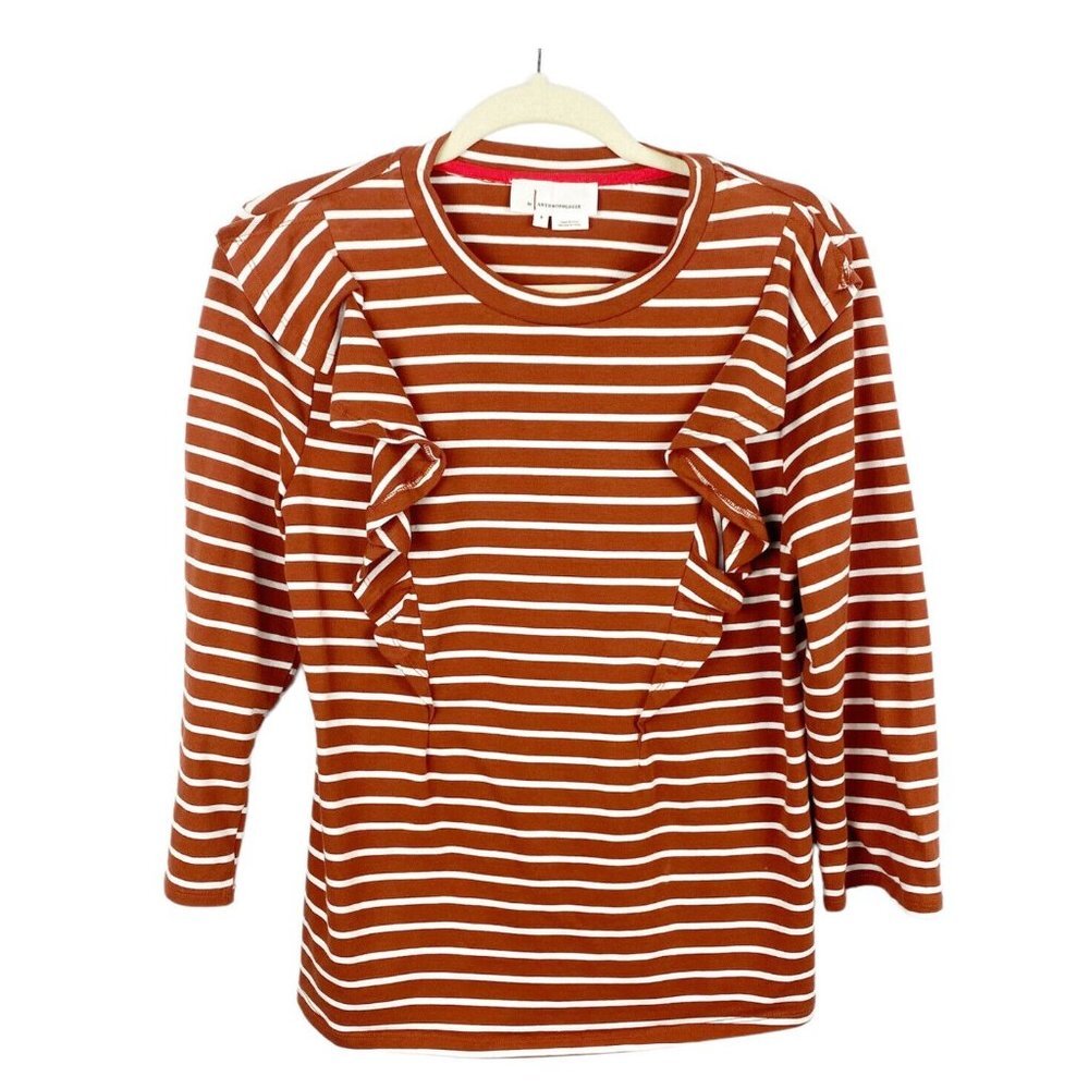 Anthropologie Erika Rust Brown Stripe Ruffle Front 3/4 Sleeve Top Tee Size Small